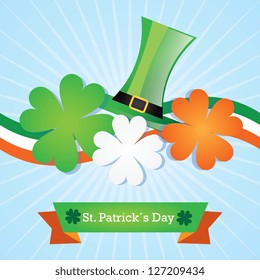 St Patricks Day color of ireland flag with hat and lucky clover. Vector