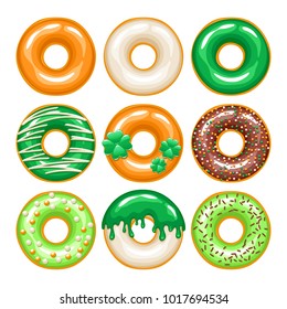 St. Patrick's day colorful glazed donuts icons set. Sweet bakery vector with decorations - top view.