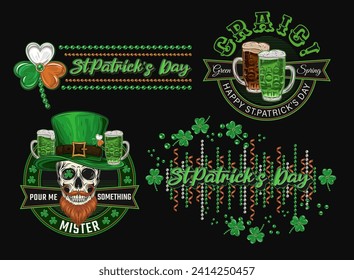 St Patricks Day colorful Labels with holiday objects, text on black background. Skull, beer, bead string, shamrock leaves For clothing, apparel, T-shirts, holiday stuff, goods decoration Vintage style