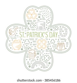 St. Patricks day colorful line icons set in clover shape. Design concept for festive banner, greeting card, flyer, t-shirt, poster, advertisement. Vector illustration.