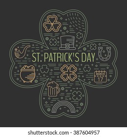 St. Patrick's day colorful line icons set in clover shape on black background. Design concept for festive banner, greeting card, flyer, t-shirt, poster, advertisement. Vector illustration.