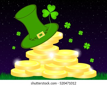 St. Patrick's day colorful vector illustration with money, leprechaun hat, and four leaf clover on the night sky starry background