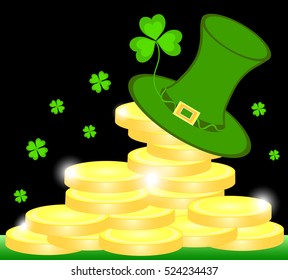 St. Patrick's day colorful vector illustration with leprechaun hat, four leaf clover and gold