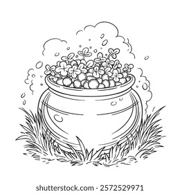 St. Patrick's Day coloring page. pot of gold and four-leaf clover. vector black and white illustration