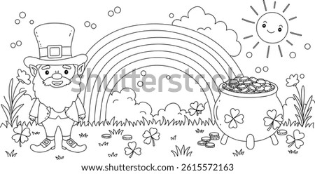 st patrick's day coloring page, pot of gold at the rainbow's end. ready to print on standard 8.5x11 inch paper.