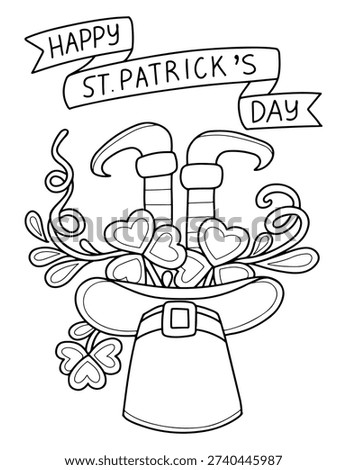 St. Patricks Day coloring page. Hand drawn vector. Happy holidays. Leprechaun feet in hat with clover leaves. Celebration. Good luck. Coloring book for children and adults.