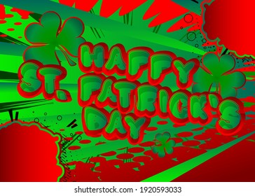 St. Patrick's Day Comic-Grußkarte. Retro Cartoon Popup-Ausdrucke. Farbige Comic-Blasen und -Kleeblatten.
