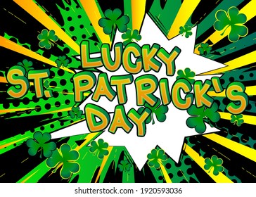 St. Patrick's Day Comic-Grußkarte. Retro Cartoon Popup-Ausdrucke. Farbige Comic-Blasen und -Kleeblatten.