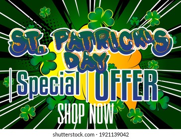 St. Patrick's Day comic book themed fashion sale social media post design or sale poster template. Vector illustration. Retro Cartoon Popup Style.