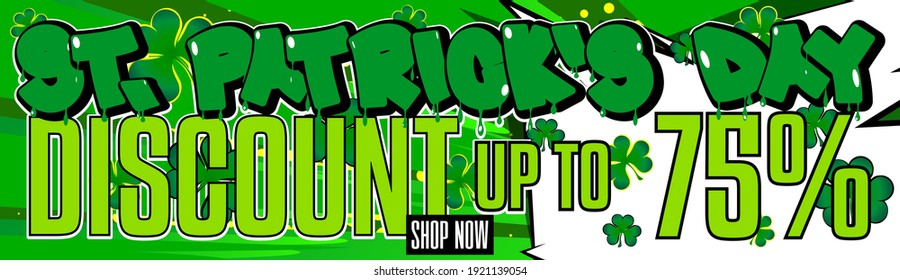 St. Patrick's Day comic book themed fashion sale social media post design or sale poster template. Vector illustration. Retro Cartoon Popup Style.