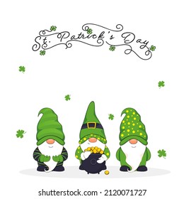 St. Patrick's Day Concept With Cartoon Gnomes Wearing Leprechaun Hat, Golden Coins In Cauldron And Clover Leaves Decorated On White Background.