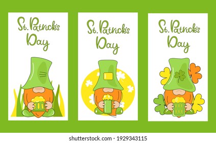 St Patricks day concept. Gnomes with mug beer on vertical background. Holiday banners, web poster, flyers and brochures, greeting cards, group bright covers.