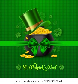 St. Patricks Day Concept with Golden coins pot, leprechaun's hat and ribbon. 