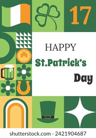 St. Patrick's Day. The concept of the holiday. Geometric mosaic with abstract shapes and clover leaves, flag, rainbow, leprechaun hat, gold coin.For banners, posters and postcards.