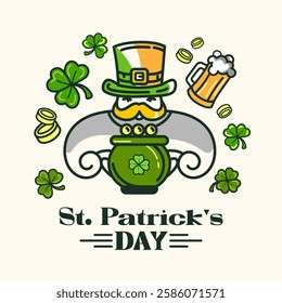 St. Patrick's Day concept illustration with a leprechaun, pot of gold, clovers, coins, beer mug in Minimal Line Art style for emblem, logo, holiday posters, social media,festive decorations.Vector