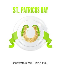 St. Patrick's day concept. Label with green ribbon and Golden horseshoe with clover on white background. Vector image for advertising, web banner, printing.