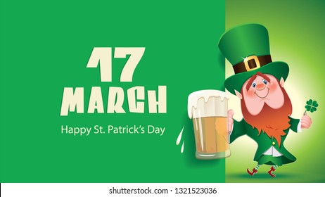 St. Patrick's Day concept -Leprechaun toasted with beer mug next to textual signboard