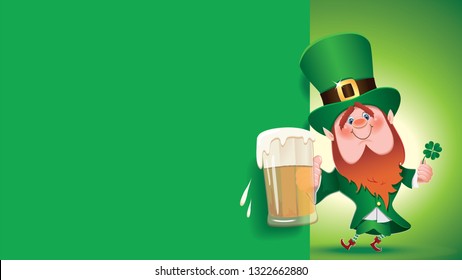St. Patrick's Day concept -Leprechaun toasted with beer mug next to blank green signboard
