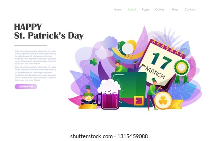St. Patrick's Day concept with people in leprechaun costumes, rainbow, hat, beer mug, gold coins. Website landing page design template, brochure, holiday invitation. Flat style vector illustration.
