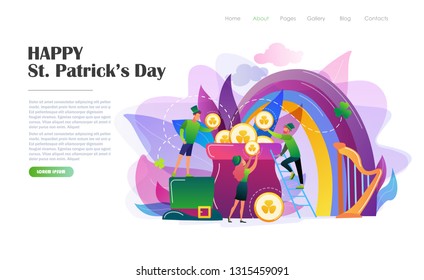 St. Patrick's Day concept with people in leprechaun costumes, rainbow, pot of gold coins. Website landing page design template, brochure, holiday invitation. Flat style vector illustration.