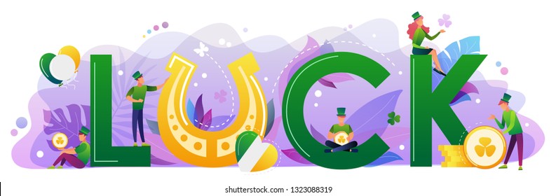 St. Patrick's Day concept with people in leprechaun costumes, horseshoe, gold coins.  Website landing page design template, brochure, holiday invitation. Flat style vector illustration.