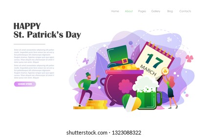 St. Patrick's Day concept with people in leprechaun costumes, pot of gold coins, mug of beer. Website landing page design template, brochure, flyer, holiday invitation. Flat style vector illustration.