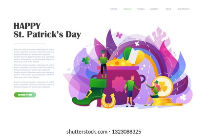 St. Patrick's Day concept with people in leprechaun costumes, rainbow, pot of gold coins. Website landing page design template, brochure, flyer, holiday invitation. Flat style vector illustration.