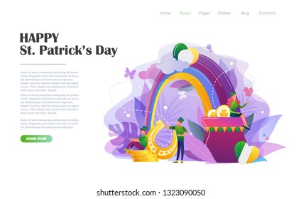 St. Patrick's Day concept with people in leprechaun costumes, pot of gold coins, horseshoe, rainbow. Website landing page design template, brochure, flyer, holiday invitation. Flat style vector 