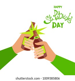 St Patrick's Day concept two bottle on hands green beer.