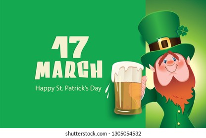 St. Patrick's Day concept-cartoon of Leprechaun toasted with beer mug next to green textual signboard
