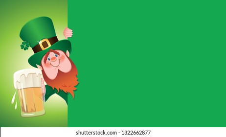 St. Patrick's Day concept-Leprechaun toasted with beer mug next to empty green signboard