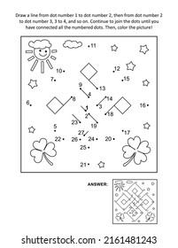 St. Patrick's Day connect the dots picture puzzle and coloring page with celtic knot design. Answer included.
