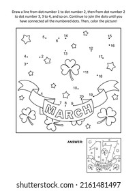 St. Patrick's Day connect the dots picture puzzle and coloring page with 17th March sign. Answer included.
