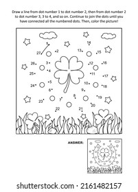 St. Patrick's Day connect the dots picture puzzle and coloring page with horseshoe. Answer included.
