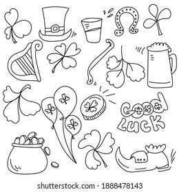 St patrick's day contour doodles set, symbols of wealth and good luck vector illustration