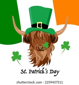 St. Patrick's Day with Highland cow, wearing a leprechaun hat, Irish flag. Vector illustration