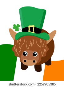 St. Patrick's Day with Highland cow, wearing a leprechaun hat, Irish flag. Vector illustration