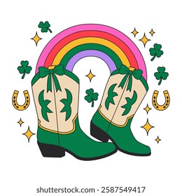 St. Patrick's Day Cowboy Boots with Rainbow and Shamrocks Illustration