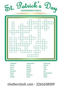 St Patrick's Day Crossword Puzzle, Fun Party Game for Kids and Adults, Promo, Promotion, Invitation, Card, Illustration, Pub Activity Game