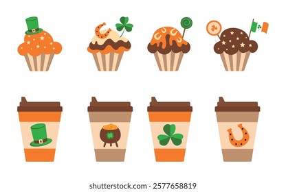 St. Patrick's Day Cupcake. Cupcakes decorated with clovers, gold coins. Irish holiday. Vector illustration of coffee cups with St. Patrick's Day elements