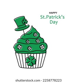 St Patricks Day cupcake with irish leprechaun hat, happy saint patrick day greeting card, black outline and green color vector illustration