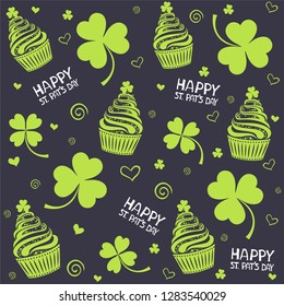 St. Patrick's Day Cupcakes. St. Patrick's day background in green colors. Seamless pattern. Perfect for wallpapers, gift papers, patterns fills, textile, St. Patrick's Day greeting cards. Vector 