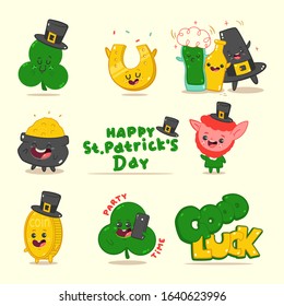 St. Patricks day cute cartoon characters vector sticker set isolated on a white background.