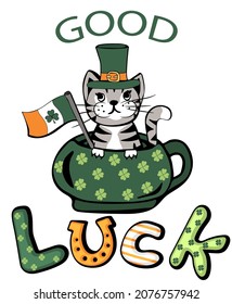 St. Patrick's Day cute cat in green hat with good luck text and Irish flag. Cartoon vector  illustration for cards, decor, shirt design, invitation to the pub.