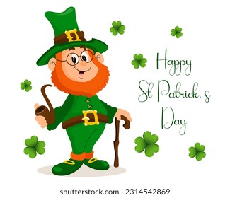 St. Patrick's Day, cute leprechaun with smoking pipe, shamrock leaves and congratulatory text. Illustration, postcard, banner, vector