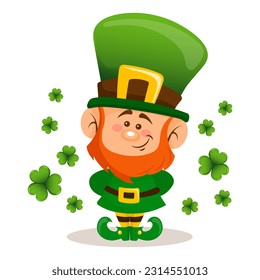 St. Patrick's Day, cute leprechaun with shamrock leaves. Illustration, postcard, banner, vector