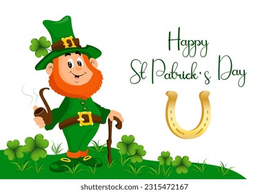 St. Patrick's Day, cute leprechaun with golden horseshoe, shamrock leaves and congratulatory text. Illustration, postcard, banner, vector	