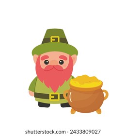 St. patrick's day, cute leprechaun with a pot of gold, . vector illustration on white background