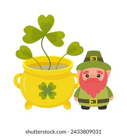 Día de San Patricio, lindo duende con olla de trébol dorado, . ilustración vectorial sobre fondo blanco para postal, camiseta, pegatina,