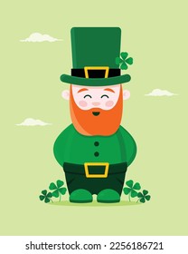 St Patrick's Day. Cute lucky gnome with clover. Vector illustration flat design style. 
